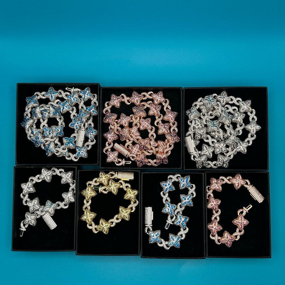 Flower 4 Leaf Clover Iced Out Premium Quality Chains & Bracelets